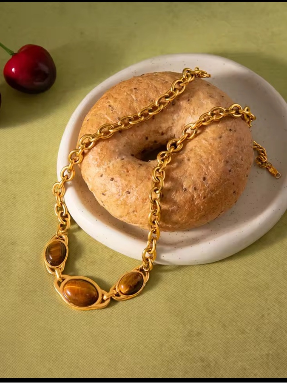 Gold Chain Necklace with Brown Gem Accents - - Picture 4 of 6